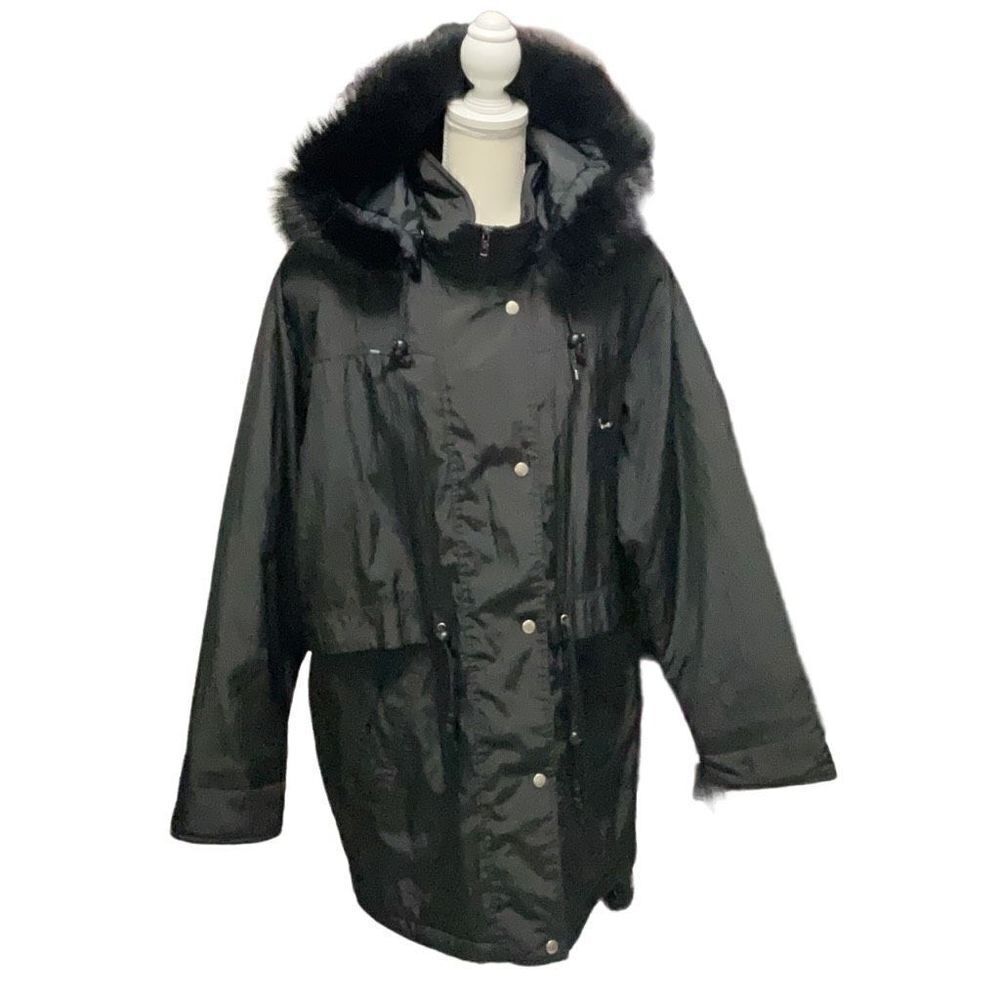 Vintage Izzi Outerwear Womens Black Coat Removable Fur Trim Hood Plus Size